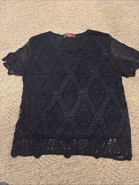 Feelings Navy Crochet Lace Short Sleeve Top